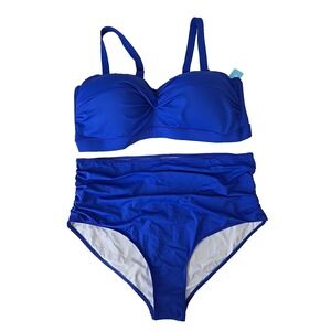 Yonique Swimsuit Womens 22W High Waist 2pc Bikini Blue Lined NWT Summer
